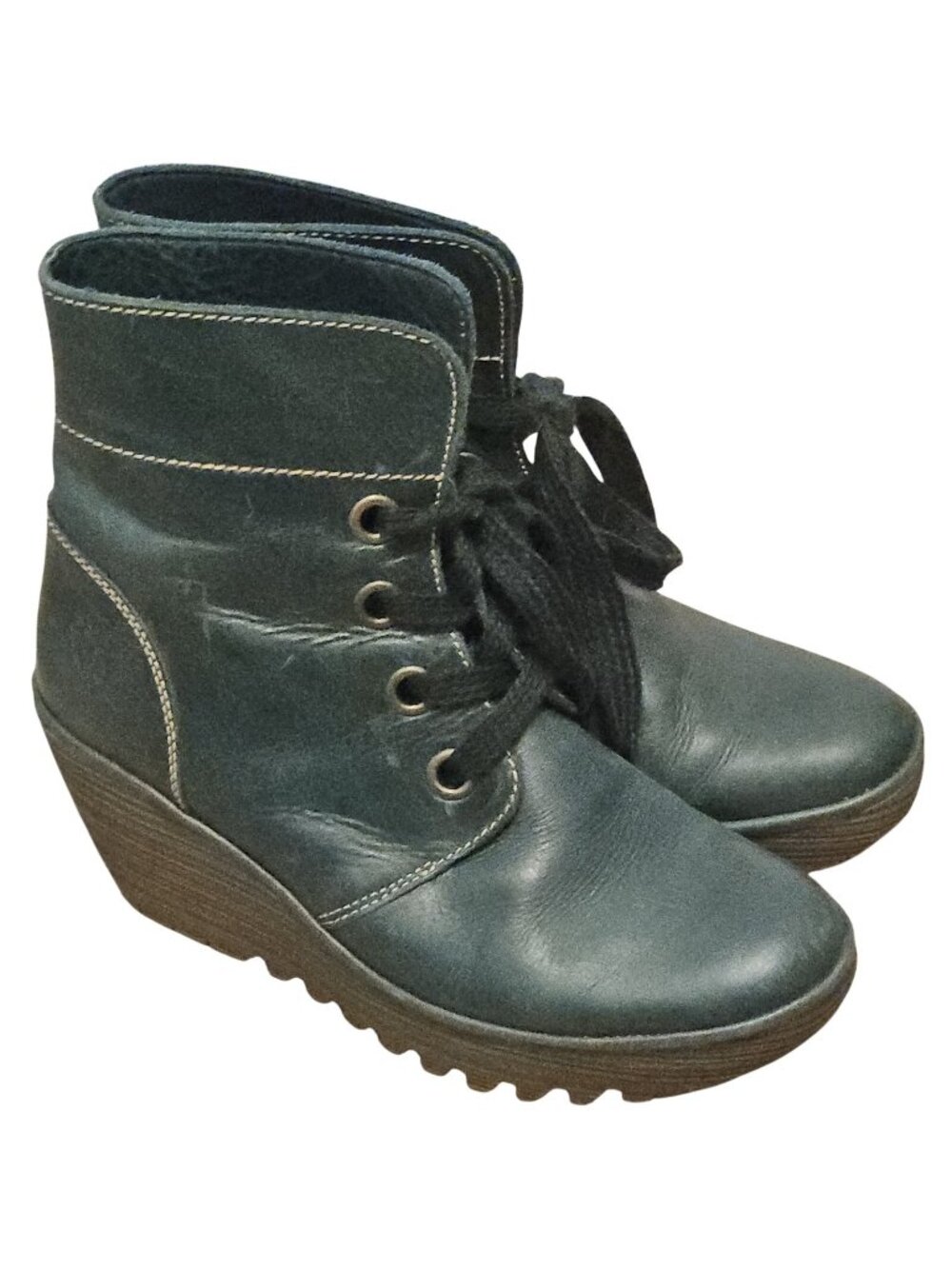 Fly London Yarn Teal Leather Wedge Booties Boots Size 40 US 9